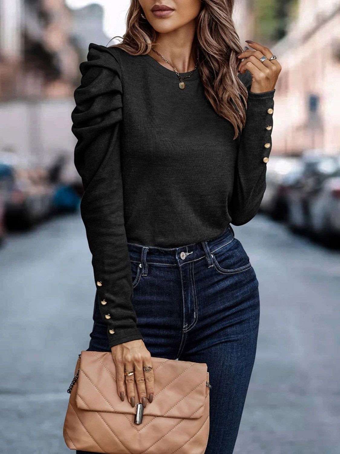 Decorative Button Puff Sleeve T-Shirt  Shop One Place