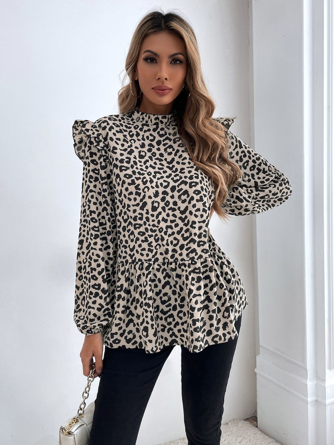 Ruffled Leopard Mock Neck Long Sleeve Blouse  Shop One Place