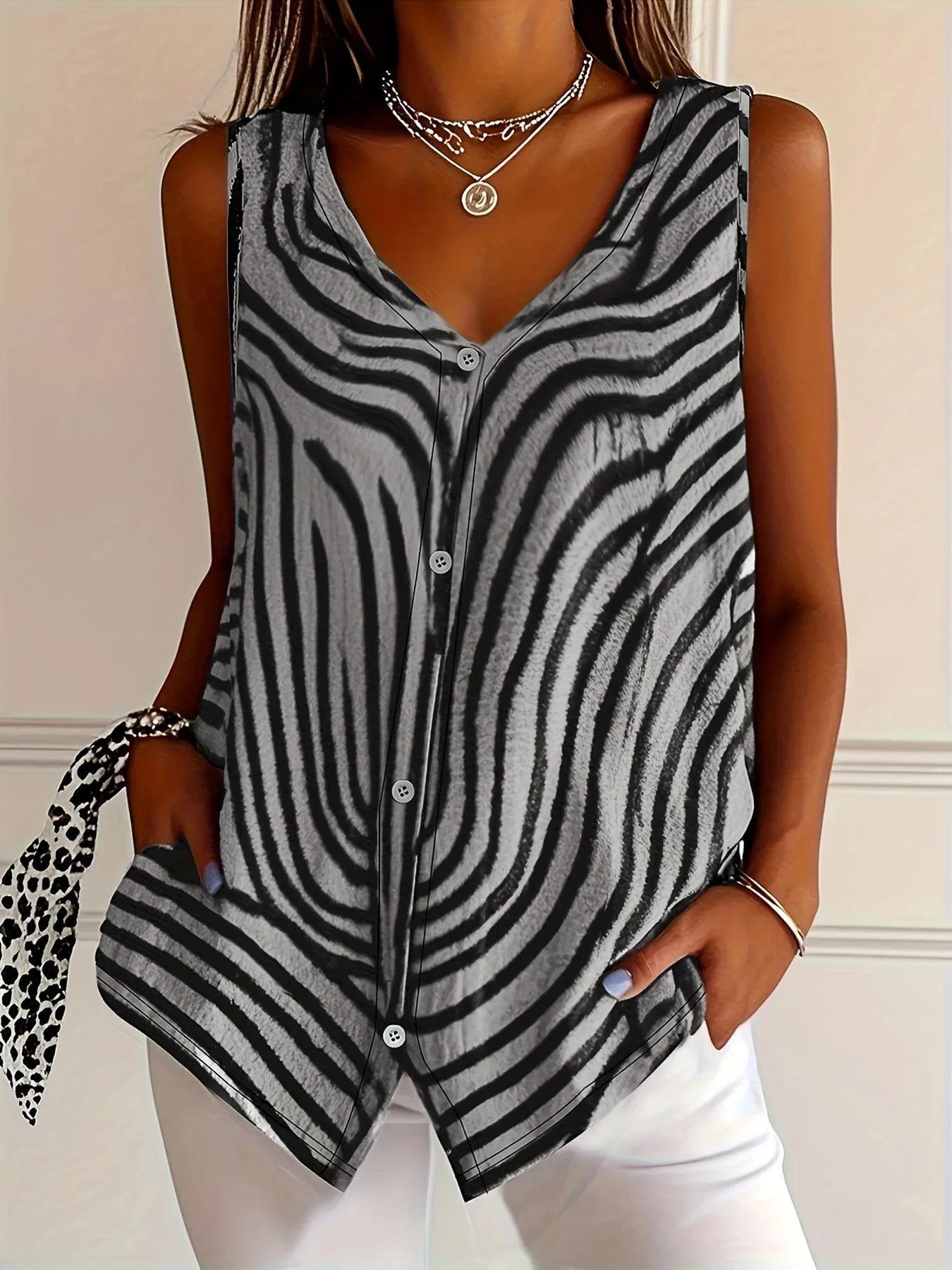 Sleeveless Zebra Print Button-Up Tank Top  Shop One Place
