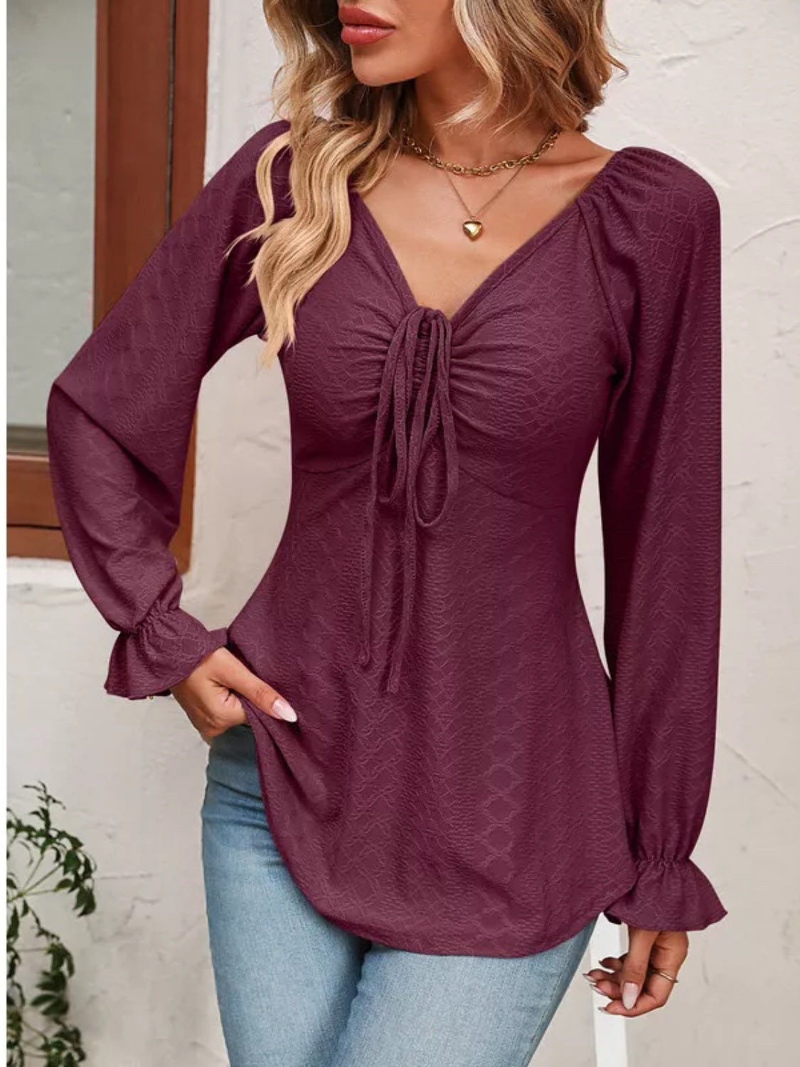 Full Size Drawstring Ruffled V-Neck Long Sleeve Blouse