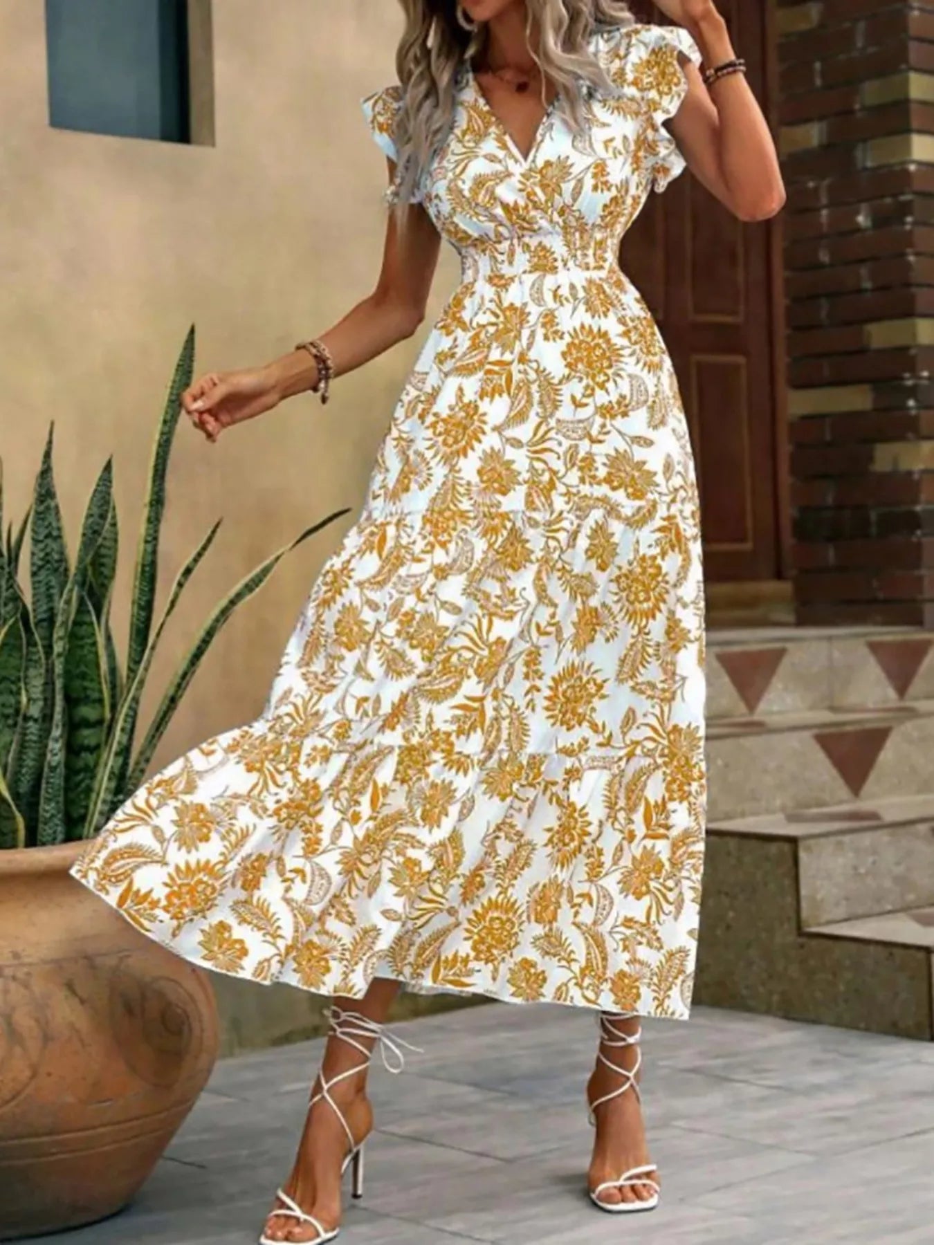 Floral Print Ruffle Sleeve Midi Dress  Shop One Place