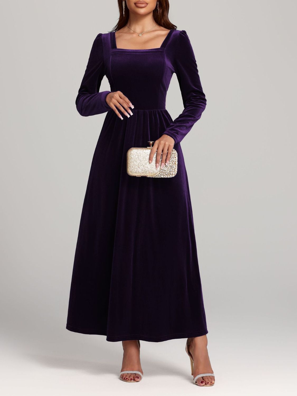 Velvet Square Neck Long Sleeve Dress  Shop One Place