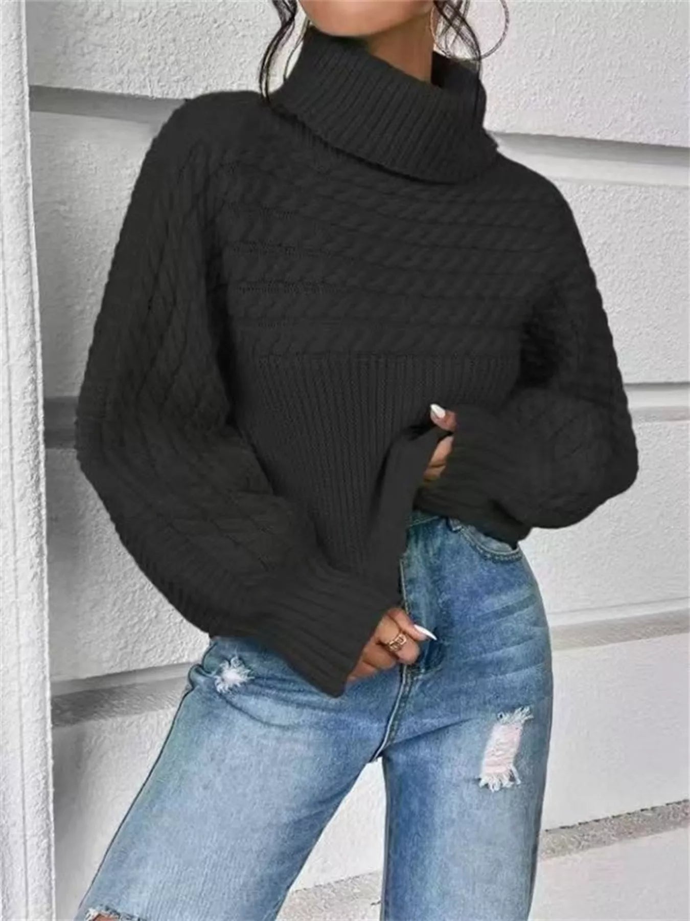 Full Size Textured Knit Turtleneck Long Sleeve Sweater Plus Size - Shop One Place