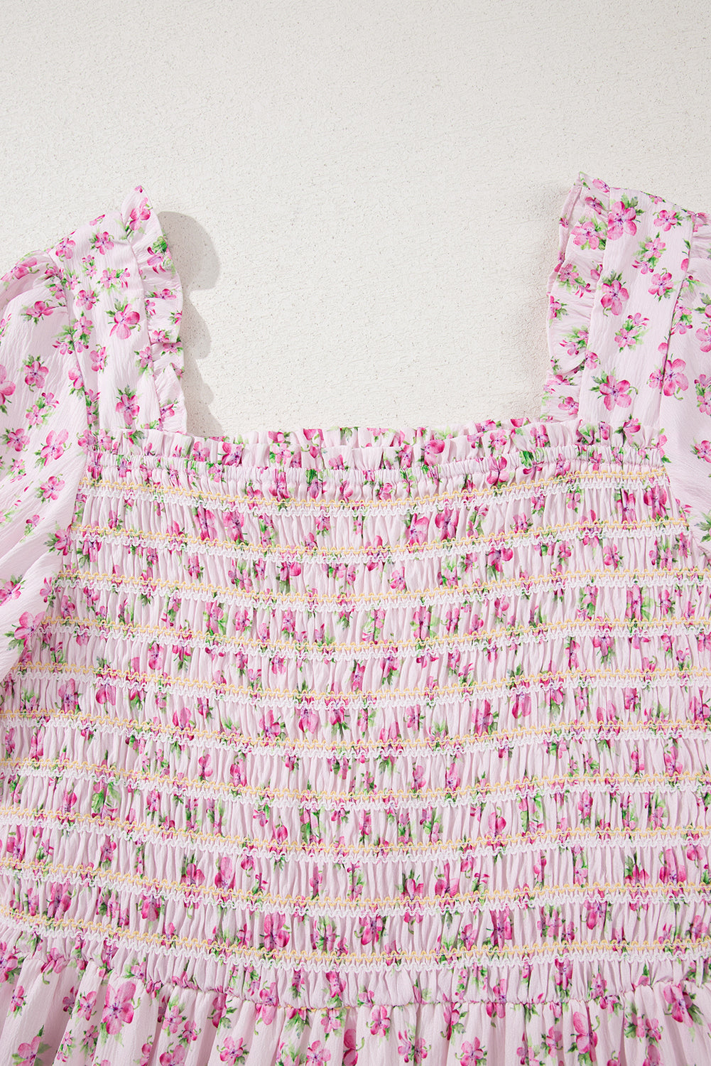 White Frill Neckline Shirred Bodice Floral Maxi Dress  Shop One Place