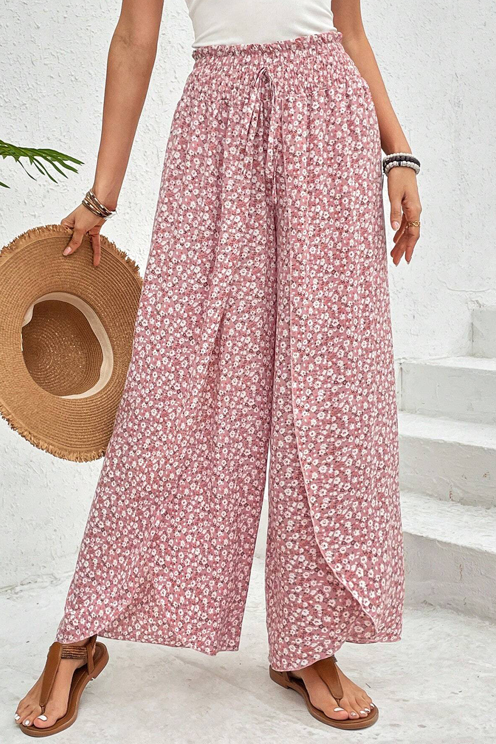 Black Floral Shirred Side Slit Wide Leg Pants  Shop One Place