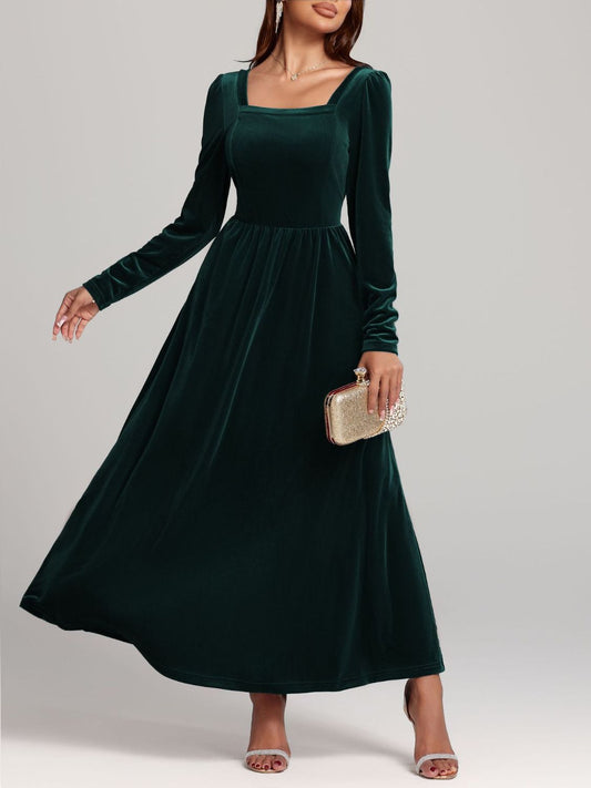 Velvet Square Neck Long Sleeve Dress  Shop One Place