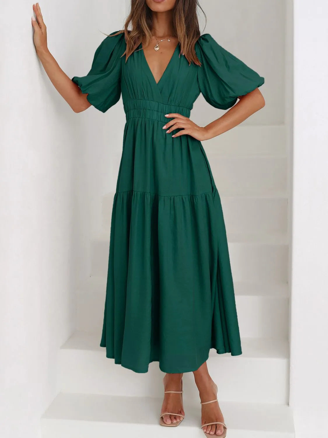 V-Neck Puff Sleeve Midi Dress  Shop One Place