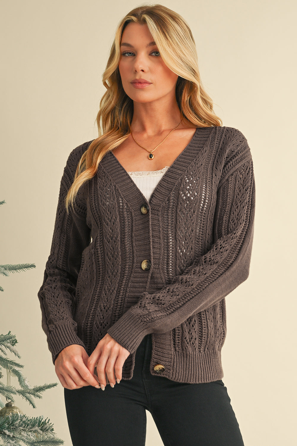 Dark Khaki Hollow Knit Drop Shoulder Cardigan  Shop One Place
