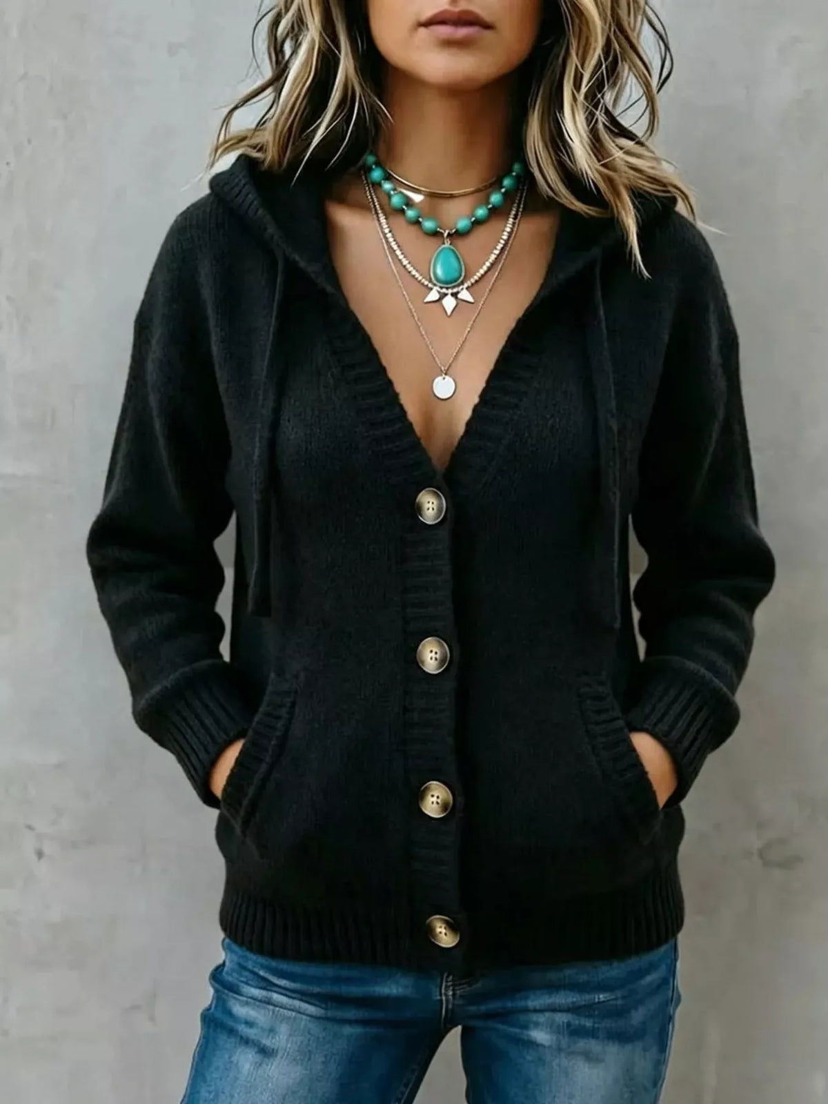 Hooded Button-Down Knit Cardigan with Pockets in Multicolor