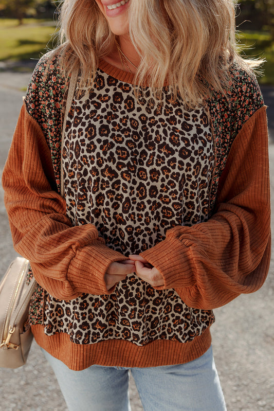 Brown Leopard Floral Print Ribbed Patchwork Puff Sleeve Loose Pullover  Shop One Place