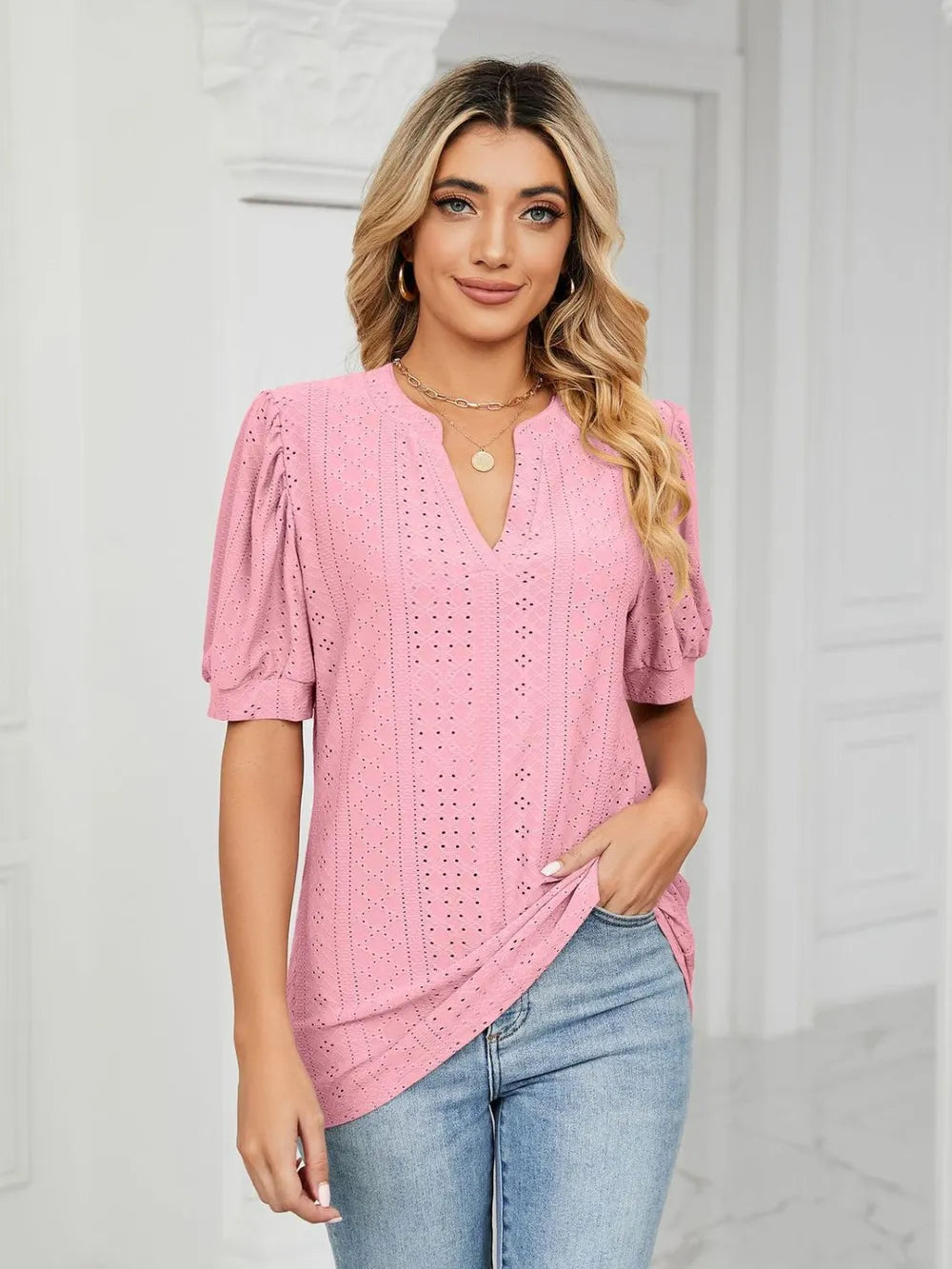 Florira Eyelet Notched Short Sleeve T-Shirt  Shop One Place