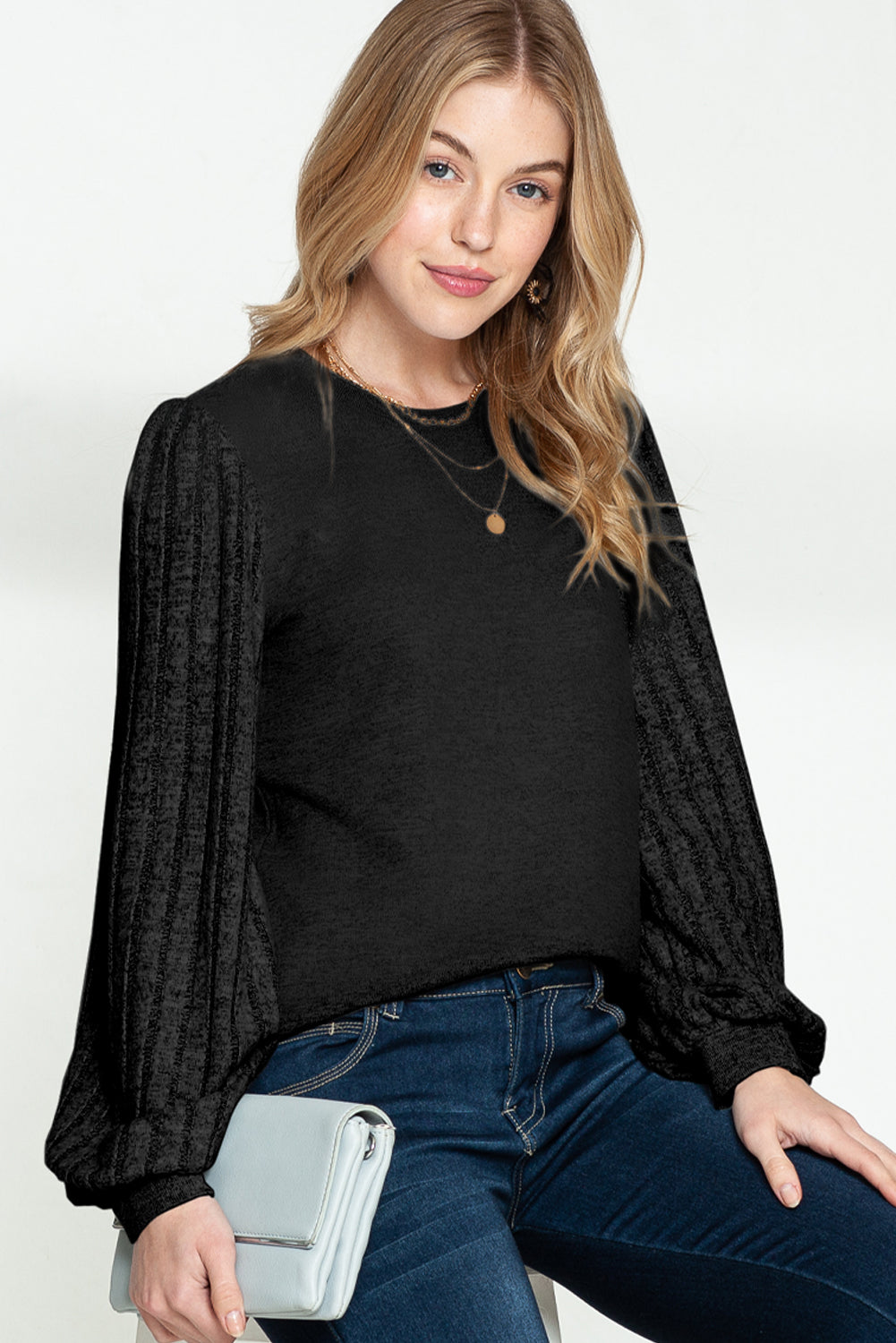 Solid Color Contrast Ribbed Bishop Sleeve Top