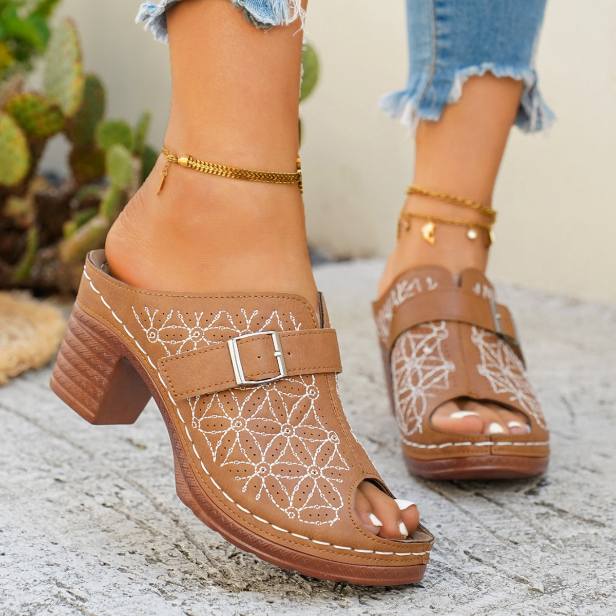 Buckle Decor Block Heel Sandals  Shop One Place
