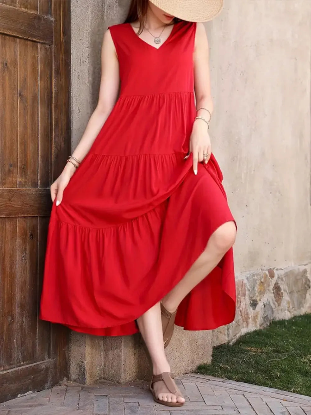 Tiered V-Neck Sleeveless Dress  Shop One Place