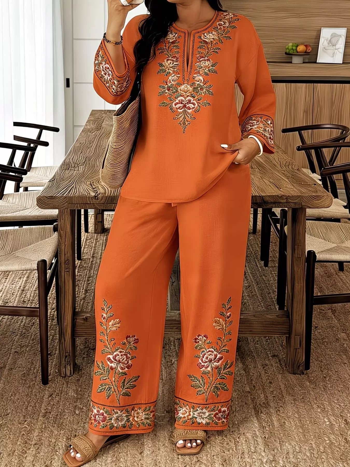Full Size Embroidered Long Sleeve Top and Pants Set Plus Size  Shop One Place