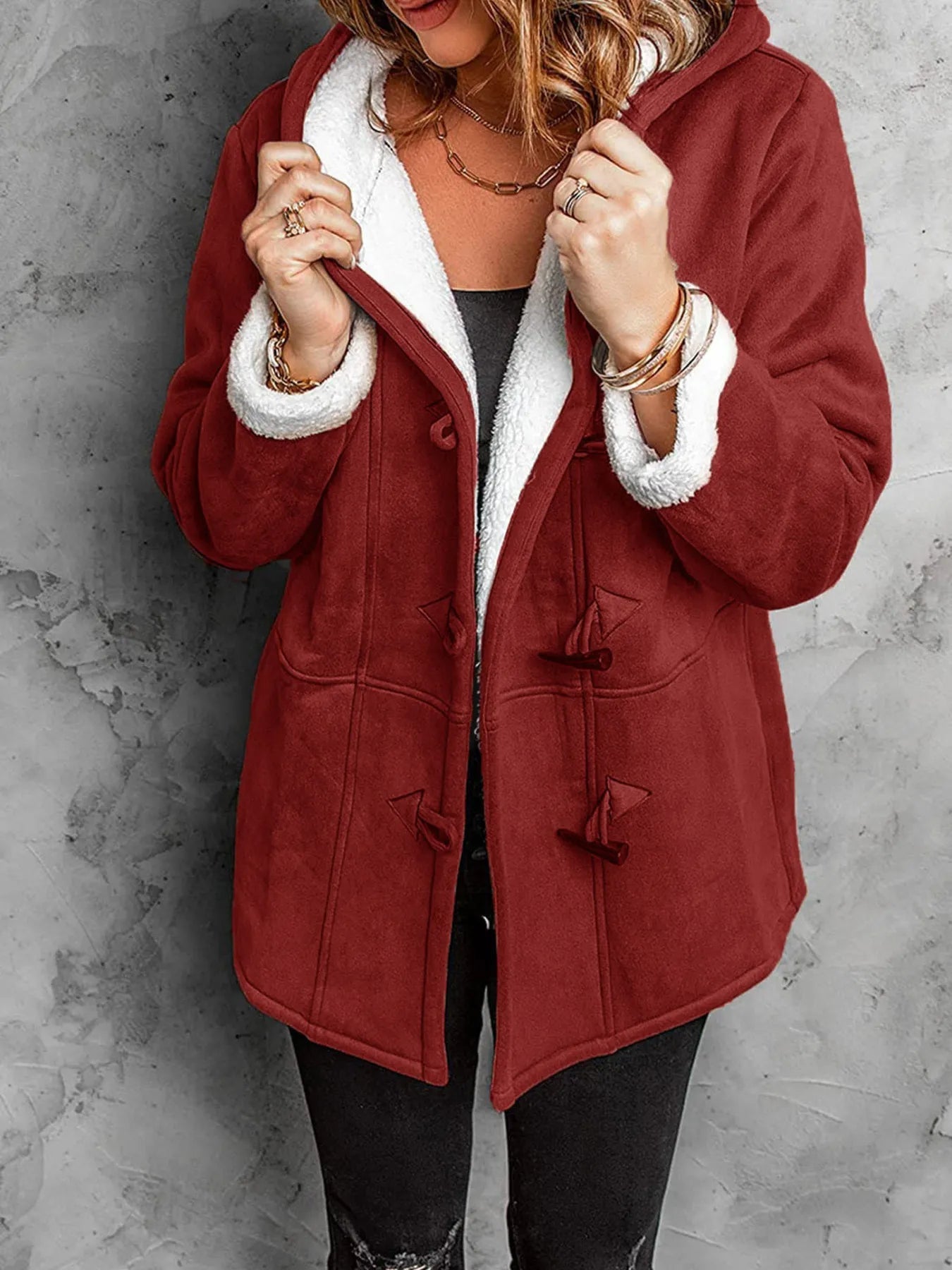 Full Size Cozy Sherpa Lined Toggle Coat with Hood Plus Size  Shop One Place