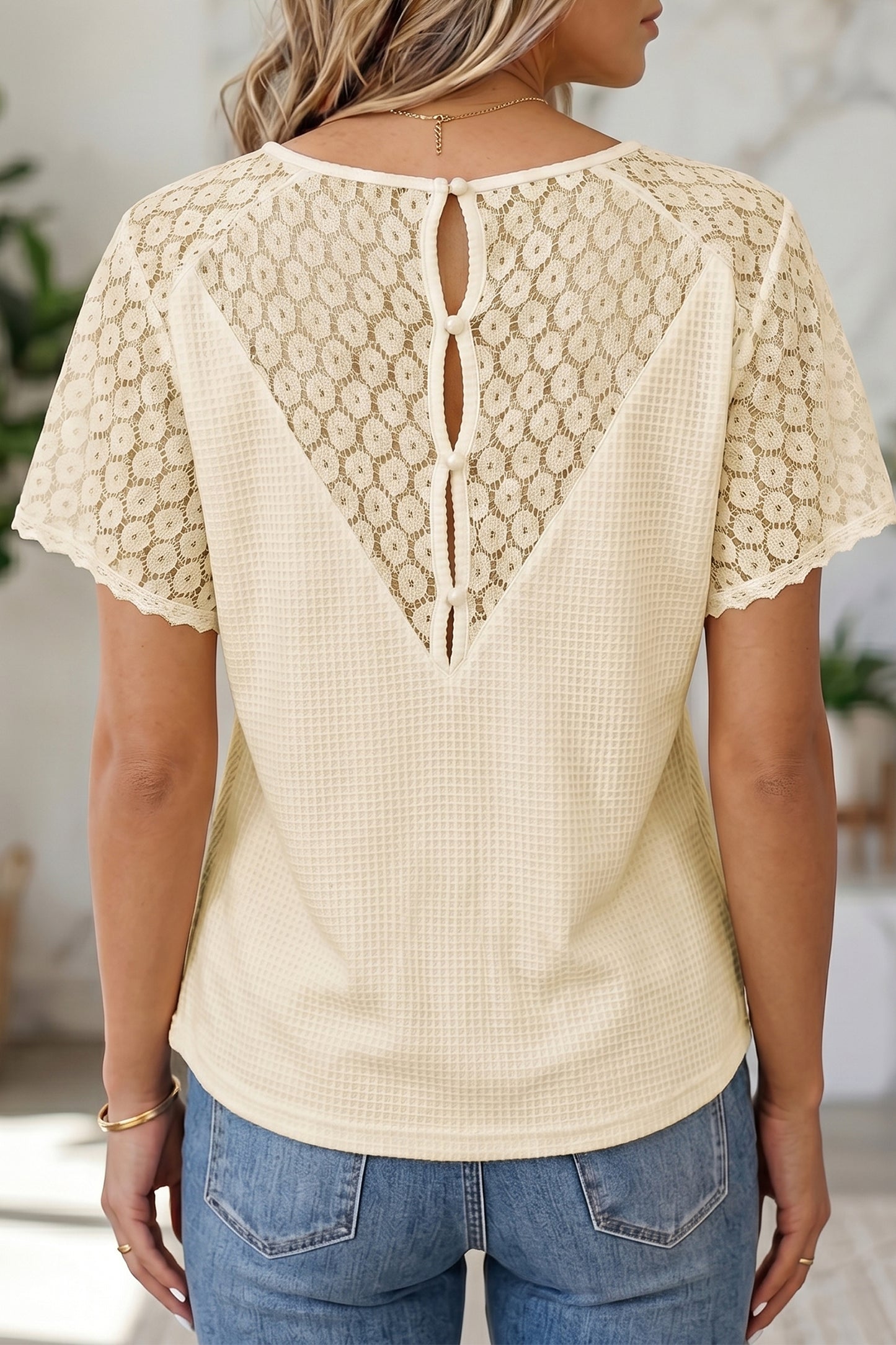 Pink Lace Splicing Button Cutout V Neck Waffle Knit Blouse  Shop One Place