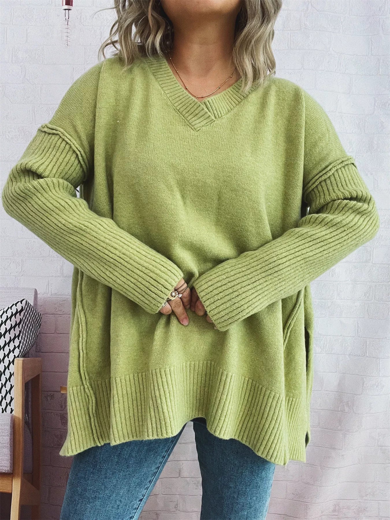 V-Neck Dropped Shoulder Sweater  Shop One Place