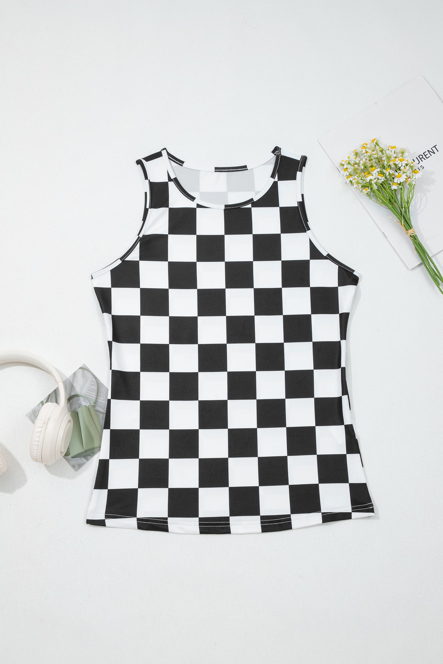 Black Checkerboard Printed Slim Tank Top  Shop One Place
