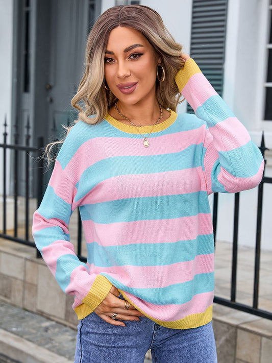 Angel Wings Striped Round Neck Dropped Shoulder Sweater  Shop One Place