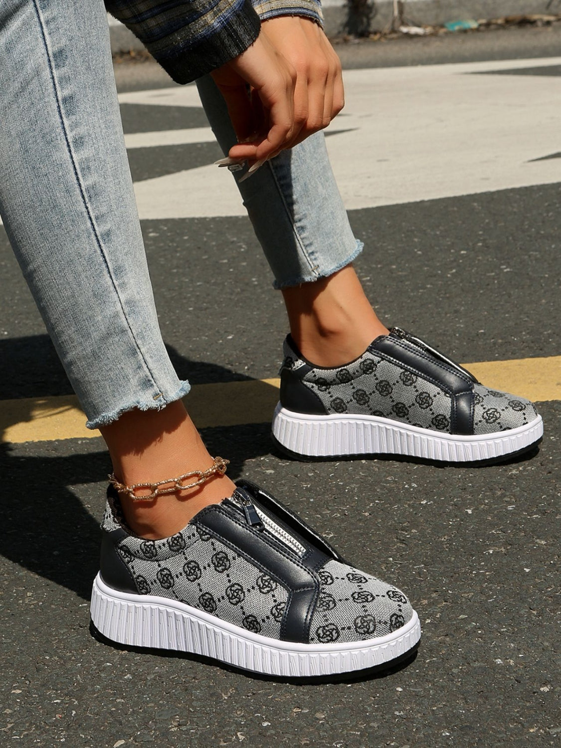 Floral Round Toe Sneakers with Zip  Shop One Place