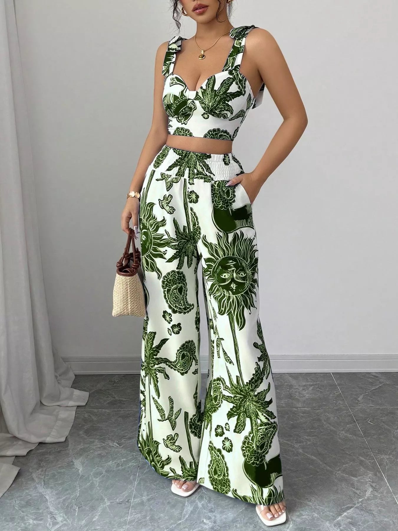 Floral Print Smocked Crop Top & Wide-Leg Pants Set – Women’s Two-Piece Outfit  Shop One Place