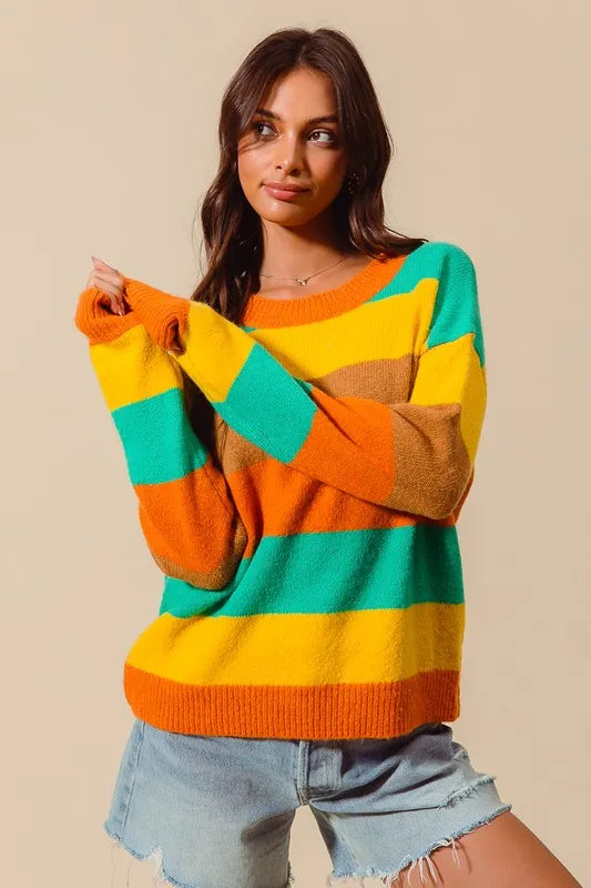 SO ME Multi Color Stripe Sweater with Ribbed Detail  Shop One Place