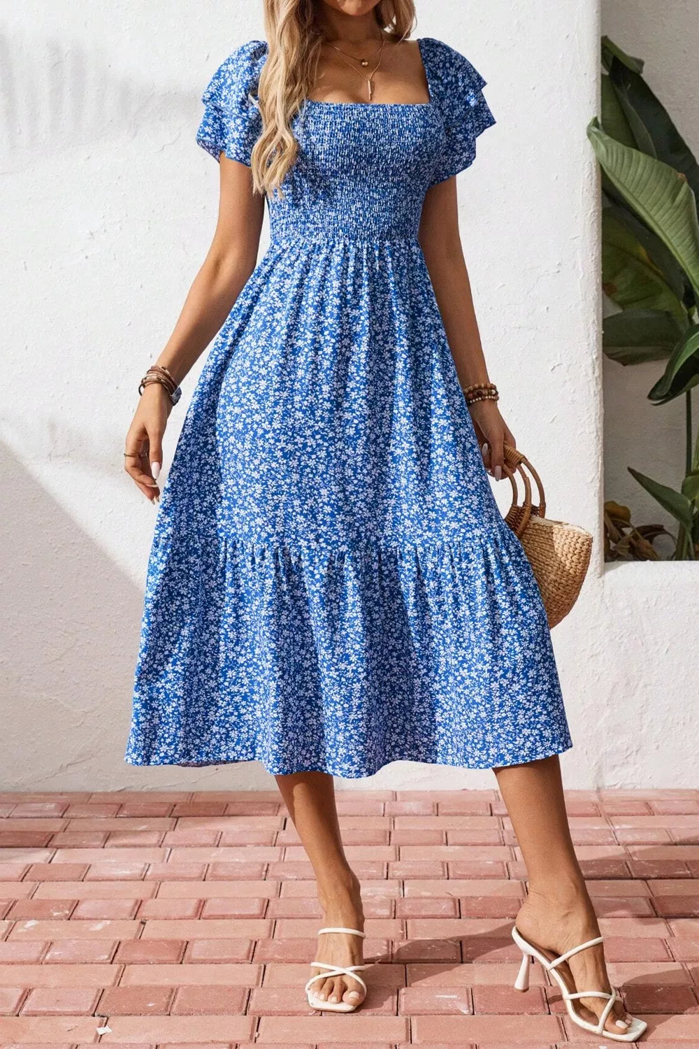 Ditsy Floral Print Smocked Square Neck Ruffle Short Sleeve Dress  Shop One Place