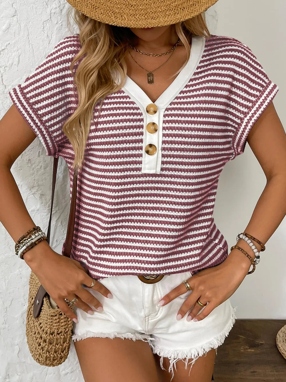 Striped V-Neck Short Sleeve T-Shirt  Shop One Place