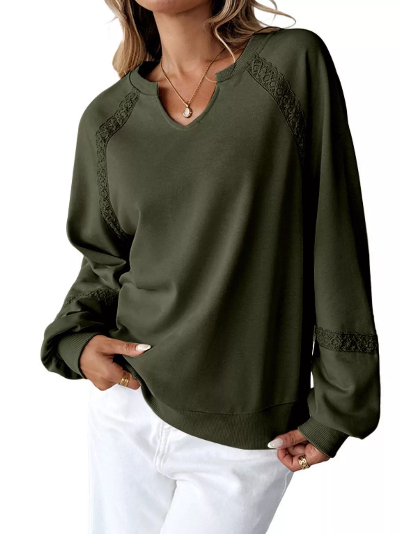 Notched Raglan Sleeve Sweatshirt  Shop One Place