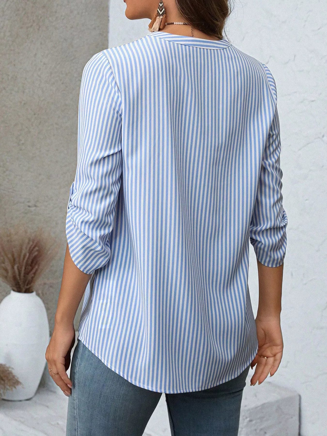 Striped V-Neck Roll-Up Sleeve Blouse  Shop One Place