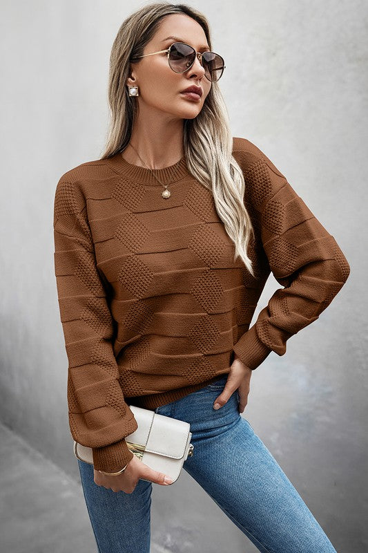 Solid Round Neck Knit Loose Long Sleeves Sweater  Shop One Place