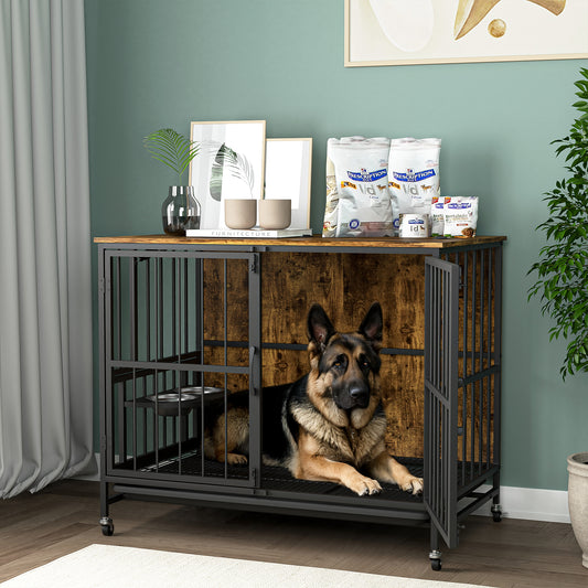Modern Dog Kennel with Removable Tray & Adjustable Feeding Bowls for Dogs up to 80 LB (Brown)  Shop One Place