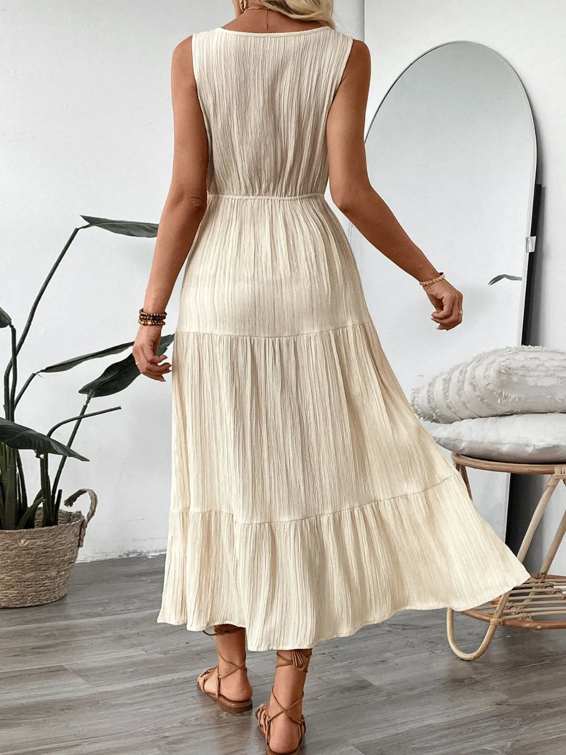 Decorative Button V-Neck Sleeveless Midi Tank Dress  Shop One Place