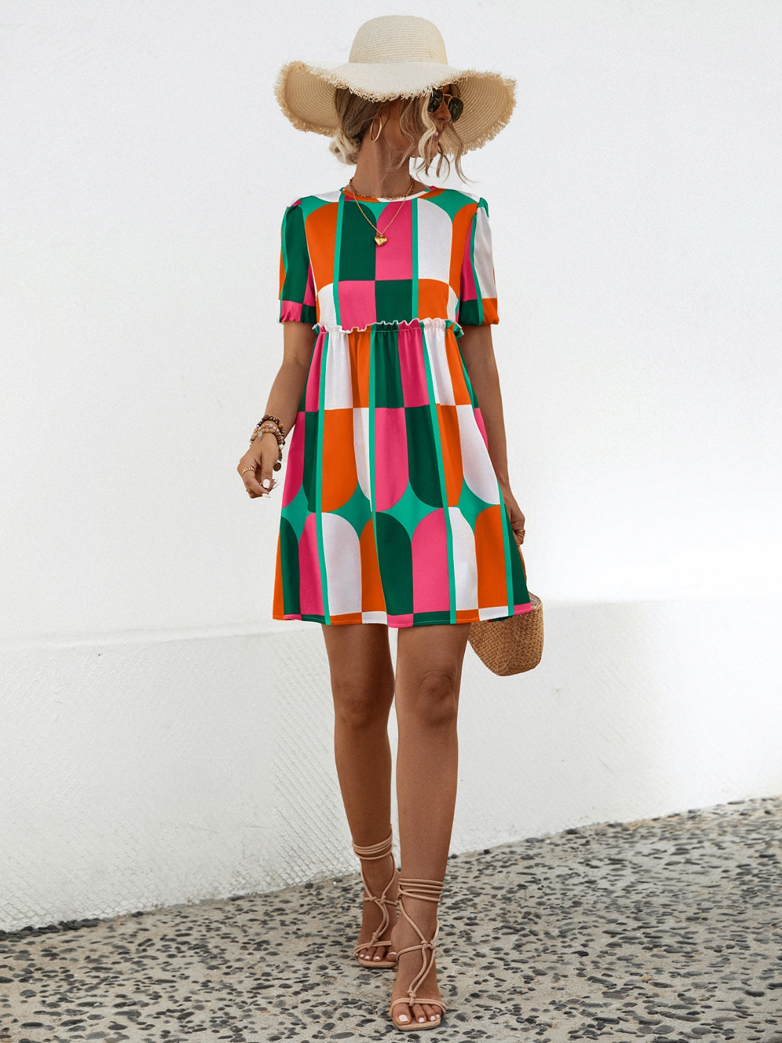 Geometric Frill Round Neck Short Sleeve Dress