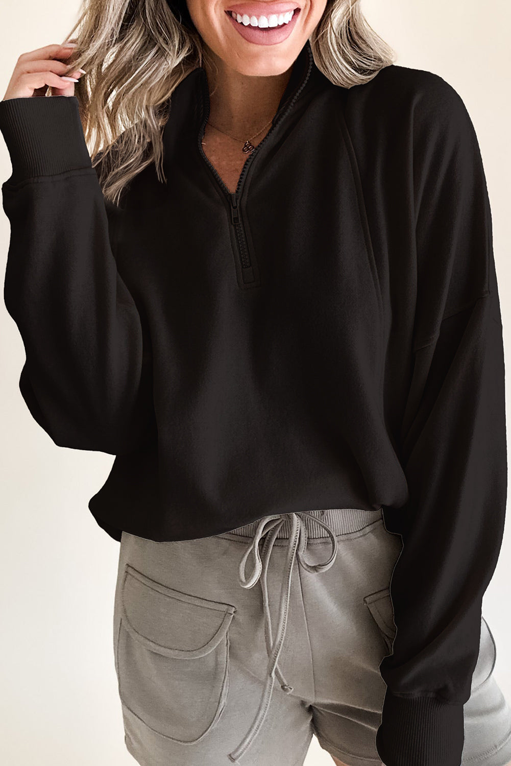 Jungle Green Zipper Collared Drop Shoulder Plain Sweatshirt  Shop One Place