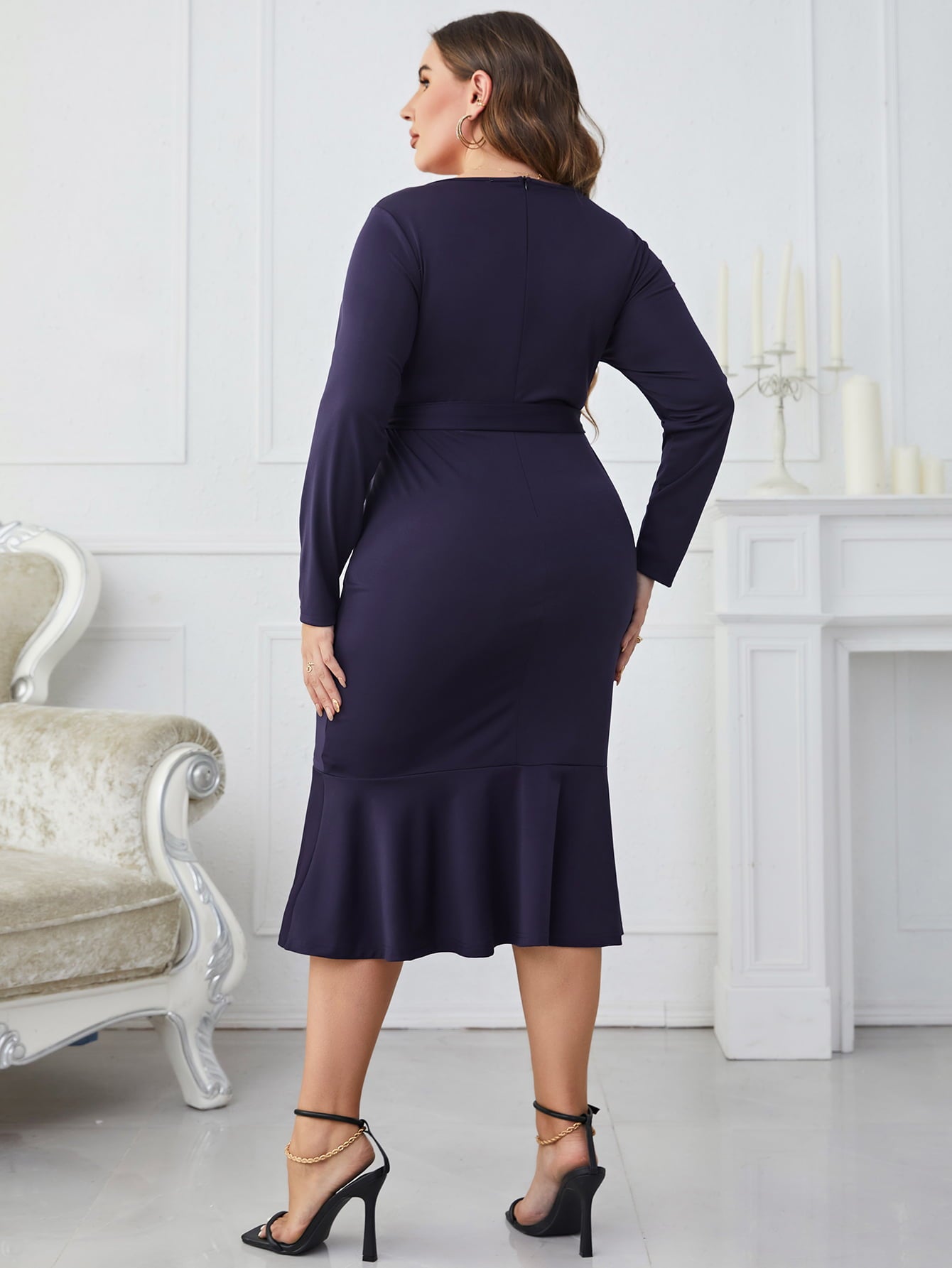 Melo Apparel Plus Size Buttoned Round Neck Tie Belt Midi Dress