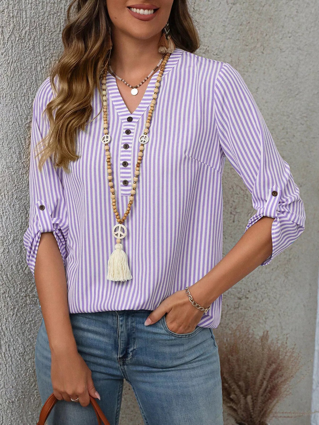 Striped V-Neck Roll-Up Sleeve Blouse  Shop One Place