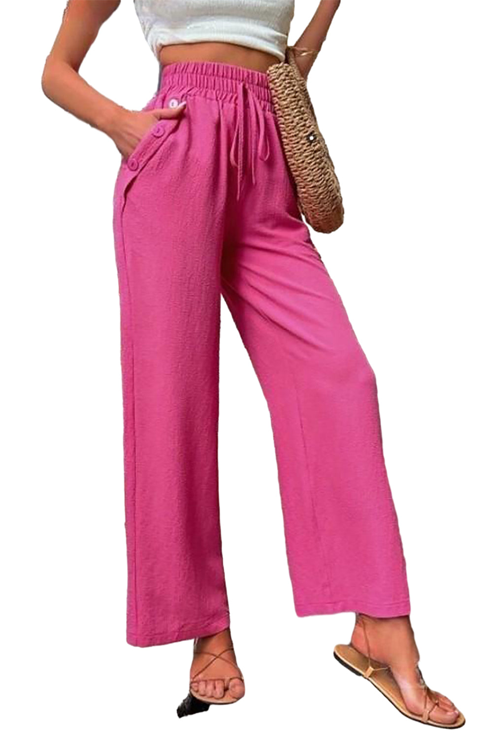 Rose Red Solid Color High Waisted Drawstring Loose Pants