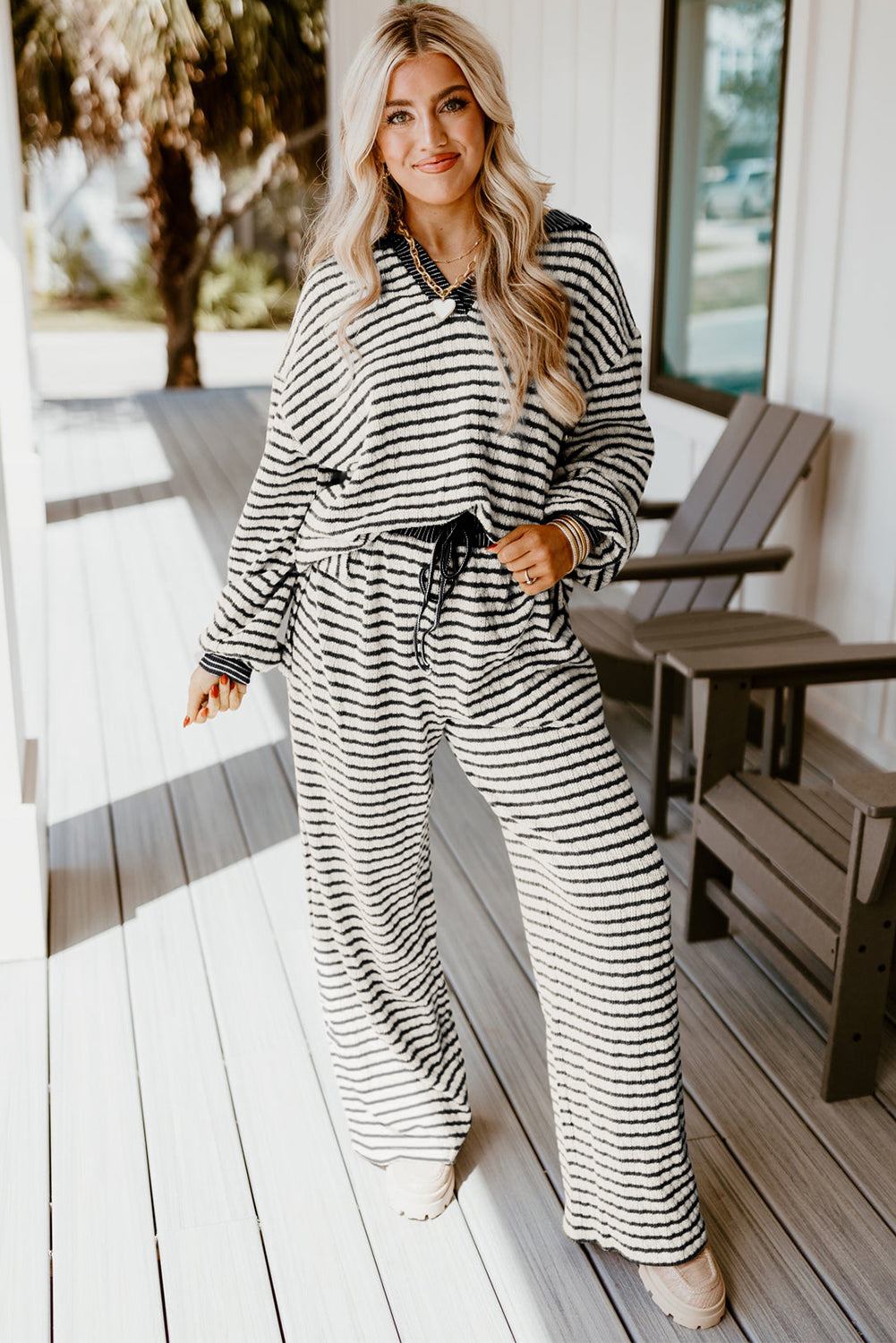 White Stripe Textured Collared Pullover Top and Drawstring Pants Set  Shop One Place