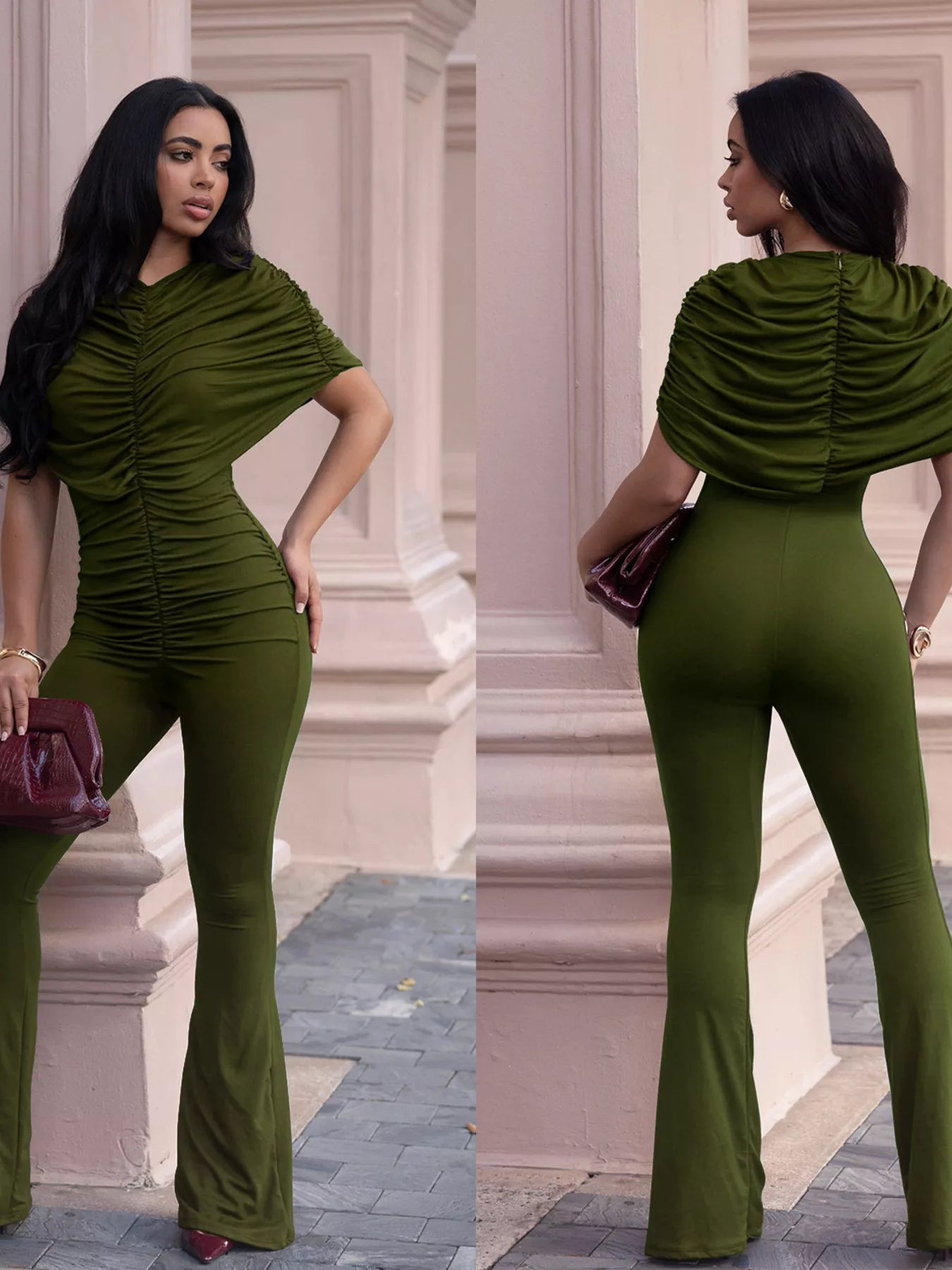 Ruched Flare Leg Jumpsuit  Shop One Place