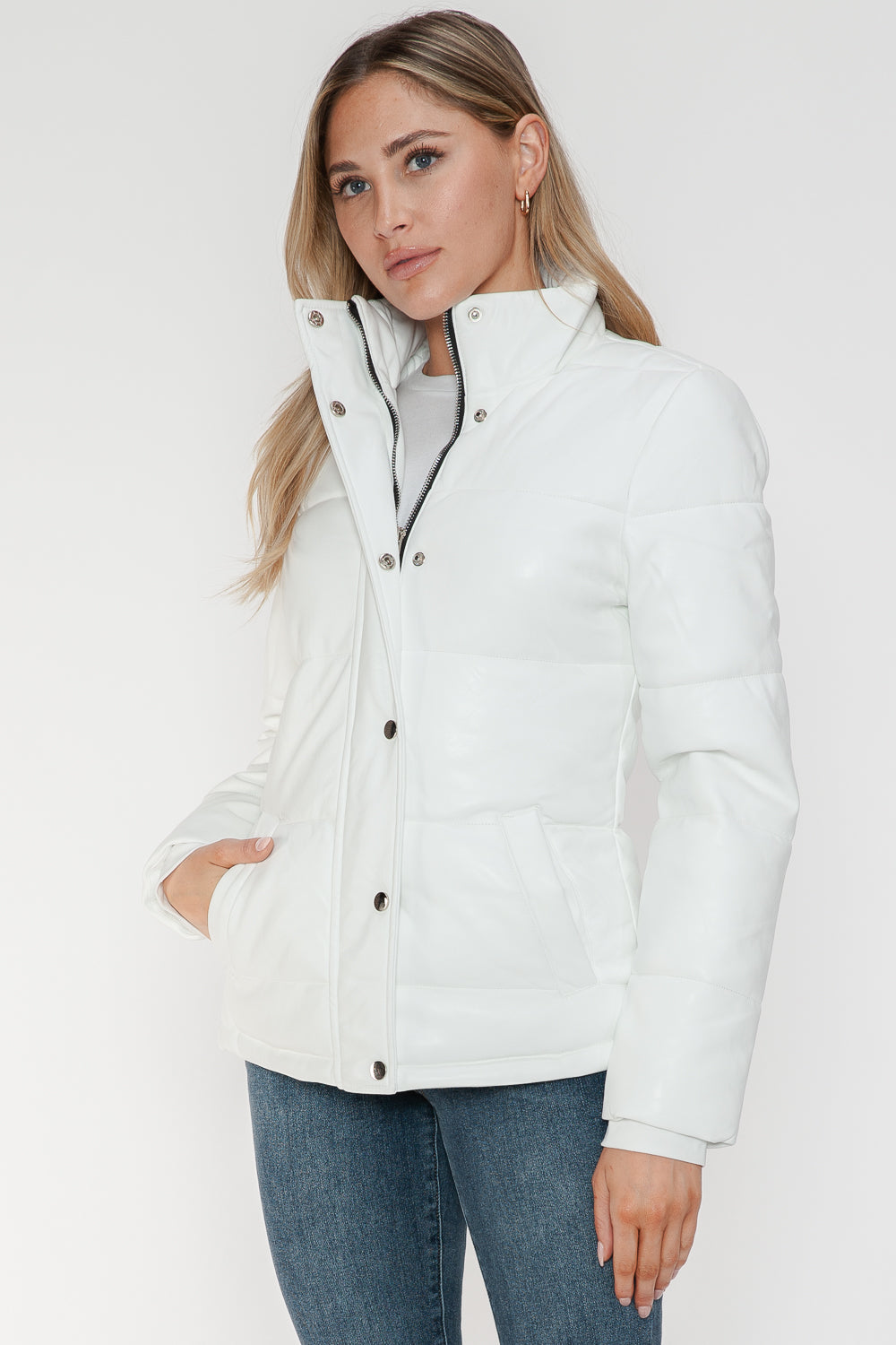 White YMI Pocketed Zip Up Turtleneck Puffer Jacket