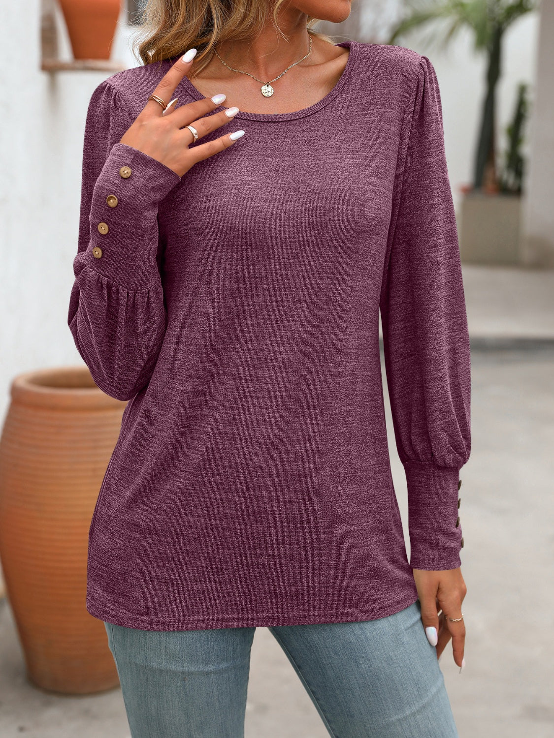 Decorative Button Round Neck Long Sleeve T-Shirt  Shop One Place