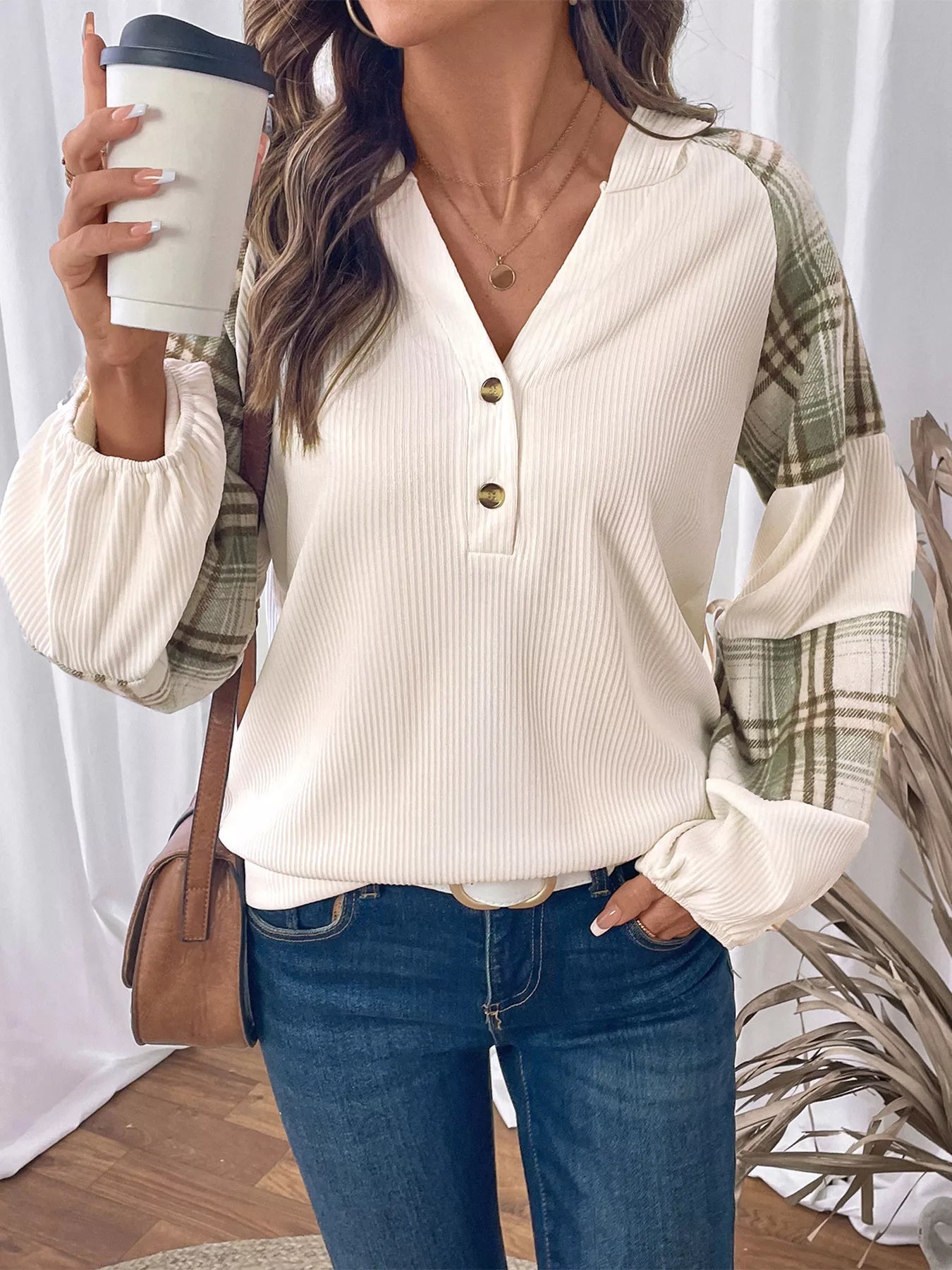 Plaid V-Neck Button Front Sweatshirt  Shop One Place