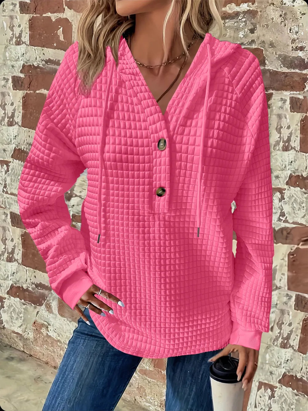 Full Size Texture Button Detail Drawstring Long Sleeve Hoodie  Shop One Place