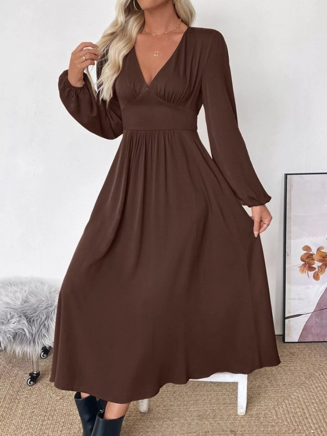 V-Neck Long Sleeve A-Line Midi Dress  Shop One Place