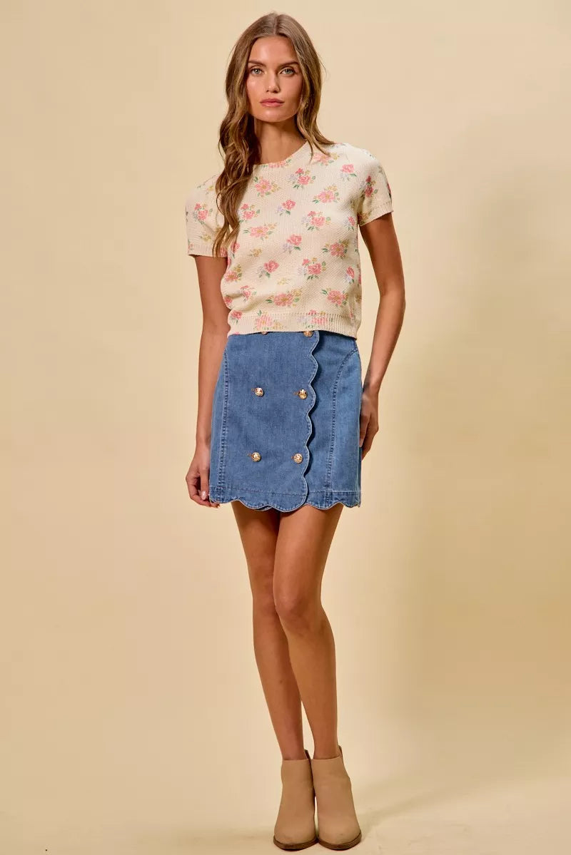 SO ME Denim Scalloped Buttoned Front Skirt  Shop One Place