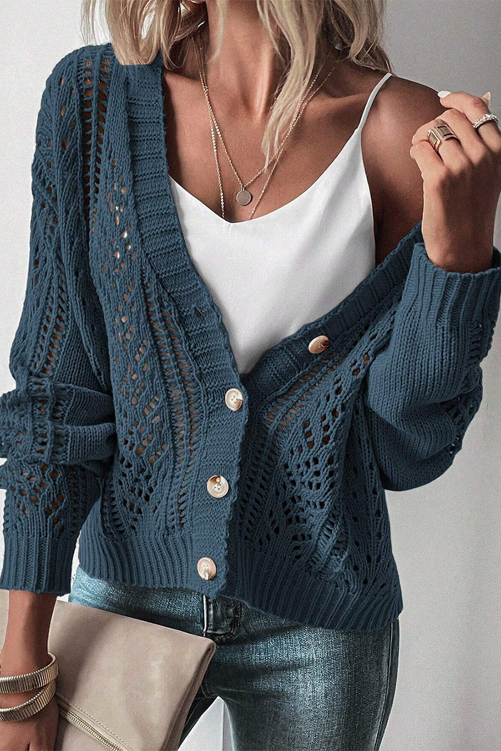 Dark Khaki Hollow Knit Drop Shoulder Cardigan  Shop One Place