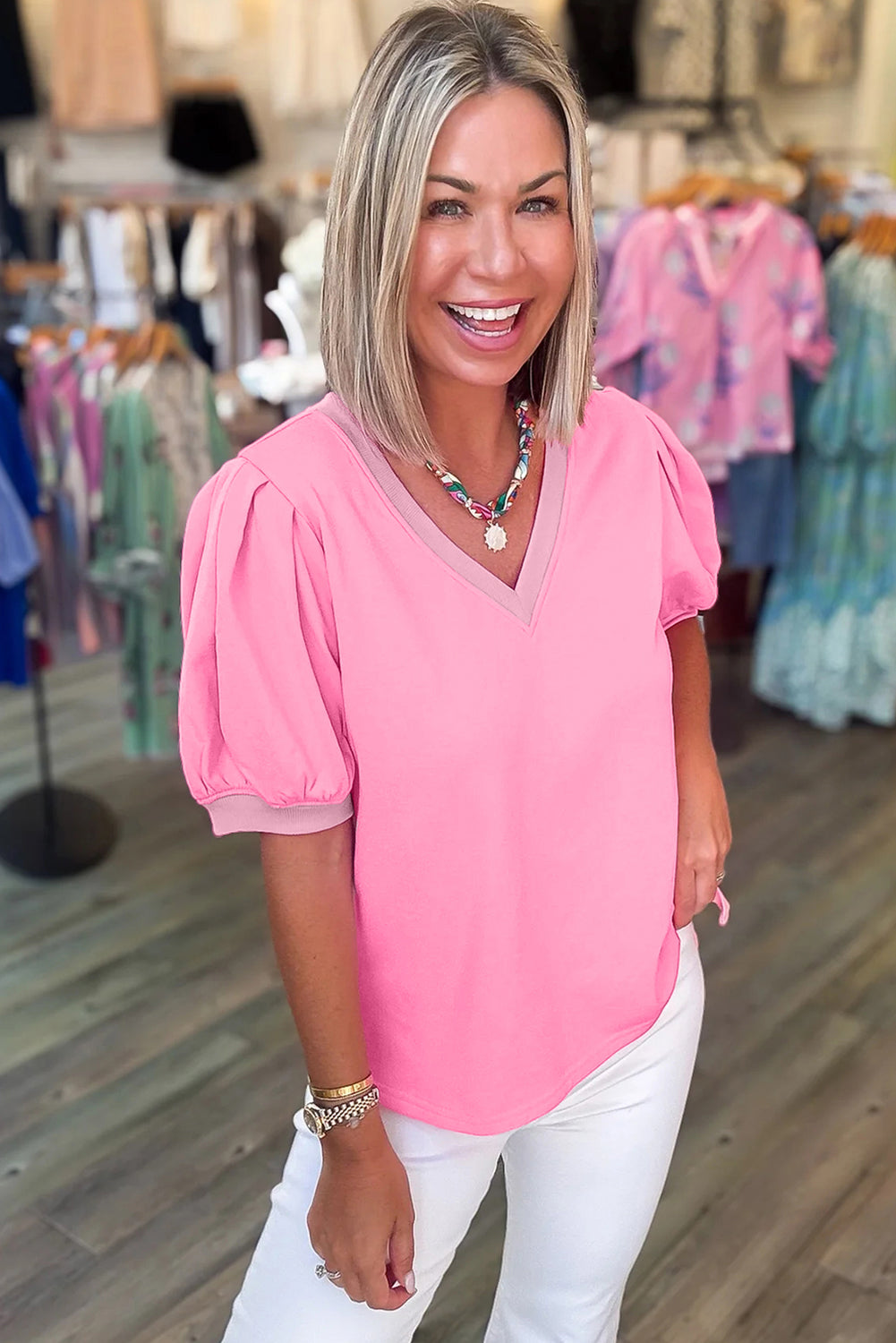 Turquoise Solid Color V Neck Short Puff Sleeve Blouse  Shop One Place