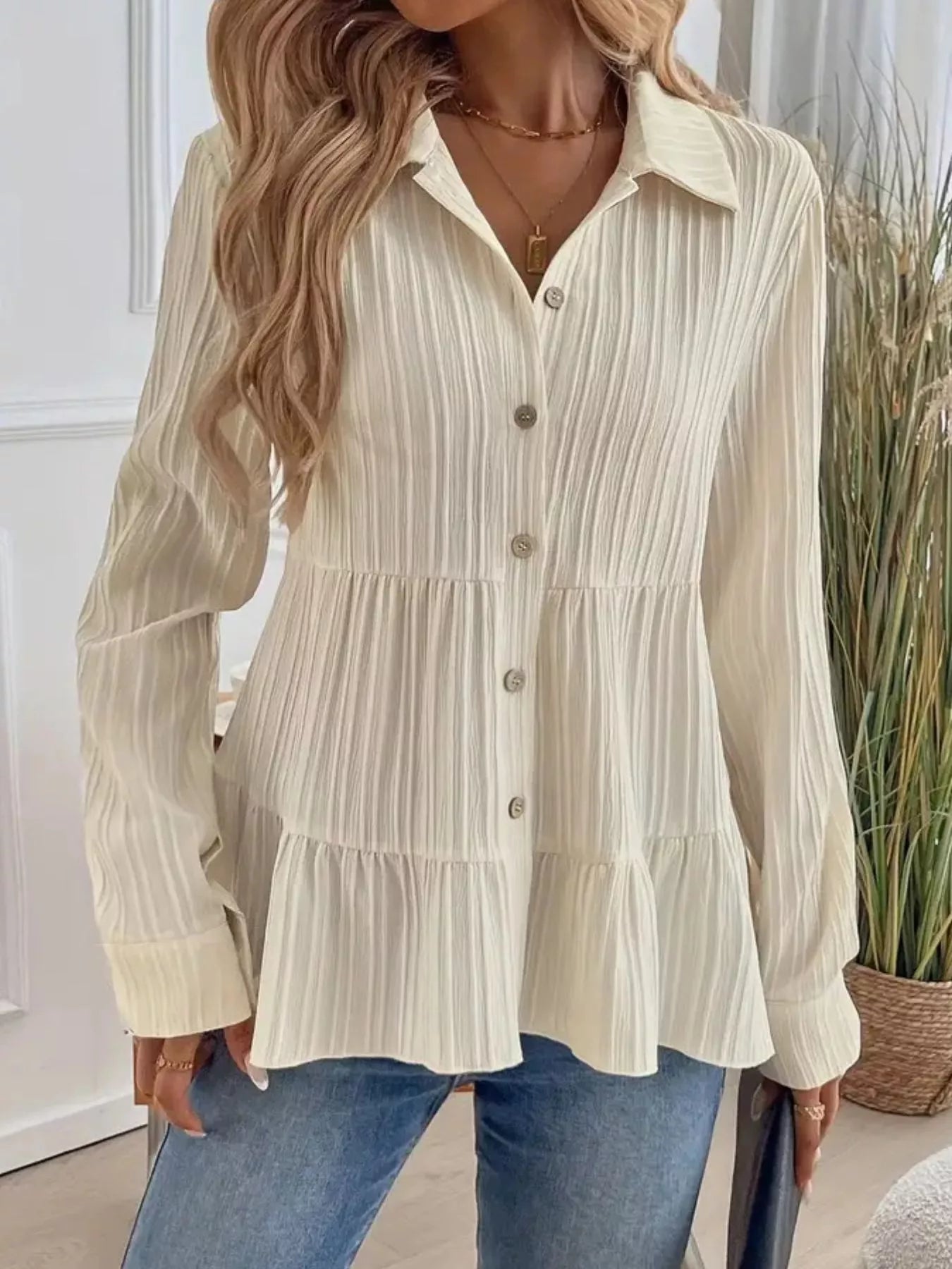Button-Down Long Sleeve Tiered Shirt  Shop One Place